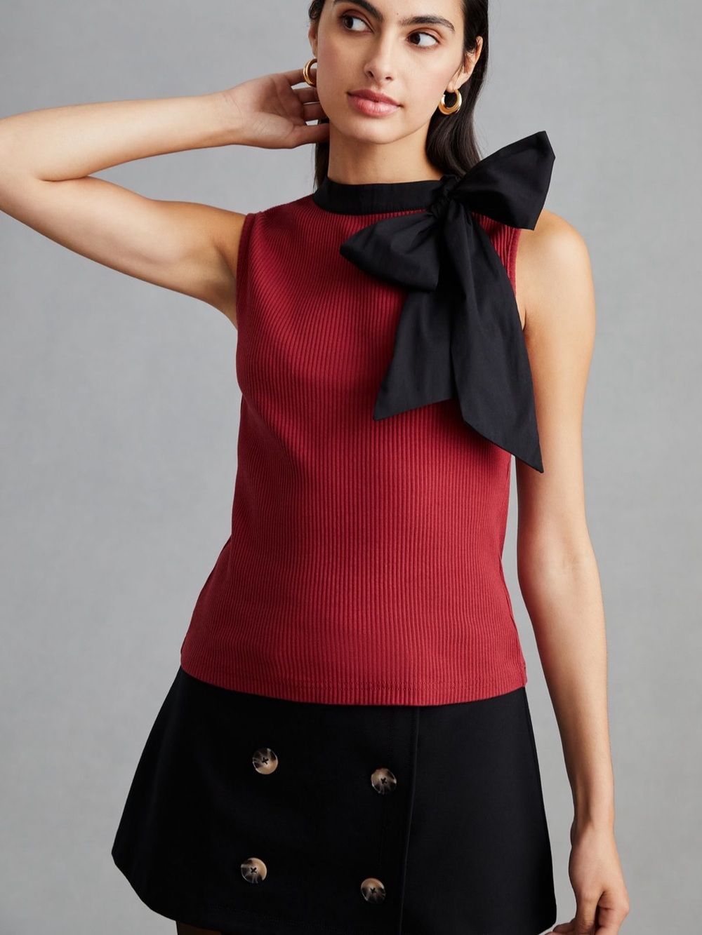 Anthropologie Sleeveless Ribbed Red Top with Black Bow